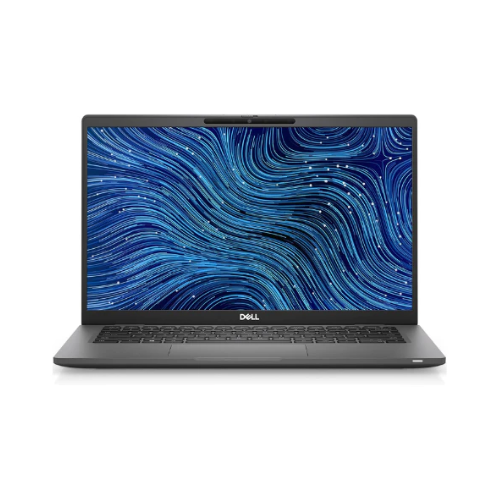 The Dell Latitude 7420, a business laptop in black, features swirling blue lines on its display and is powered by Intel processors, with the textured design prominently visible.