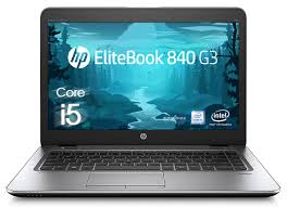 The HP EliteBook 840 G3 is a sleek business laptop with a serene display featuring Core i5 over a landscape of trees and river, complemented by its black and silver design with an Intel Core i5 processor inside.